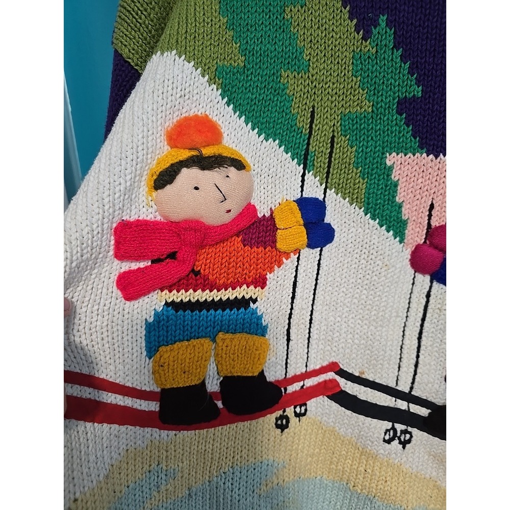 Vtg Isabella Raquel 3d Kid Skiing Winter Snow Handmade Peru Sweater 100% Cotton - Picture 2 of 9